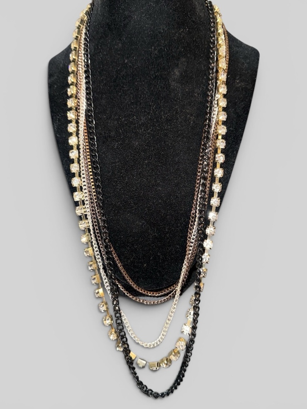 Statement Multi-Strand Chain & Rhinestone Necklace | Mixed Metal 18” - Picture 2 of 6